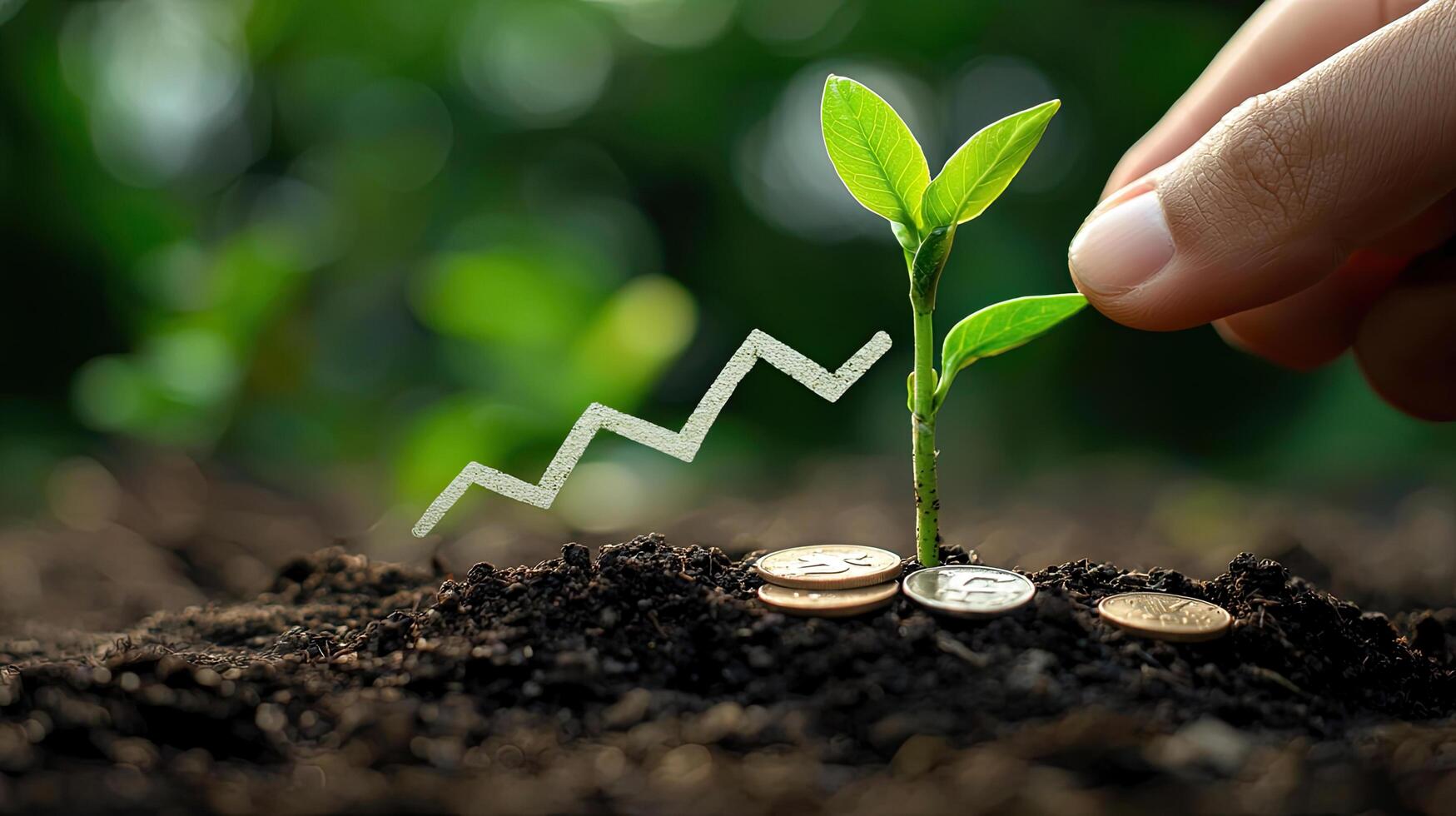 Growing Investment Seedling, Coins, Upward Chart, and Hand Nurturing Future Financial Success in Nature photo