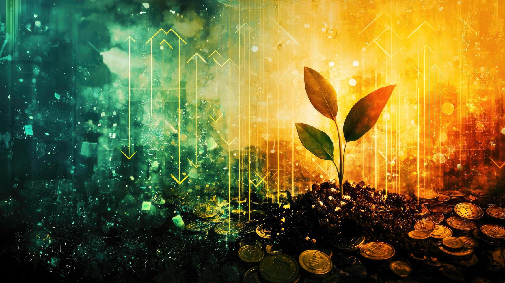 Growing Investment Sprout Emerging from Soil with Coins, Financial Growth, Business Success, and Digital Background photo