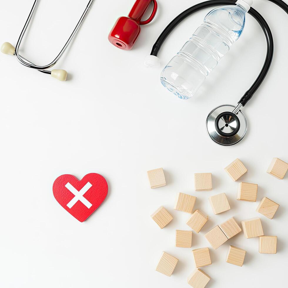 Healthcare Wellness Flat Lay with Stethoscope, Water Bottle, Dumbbell, Heart with X Symbol and Wooden Blocks photo