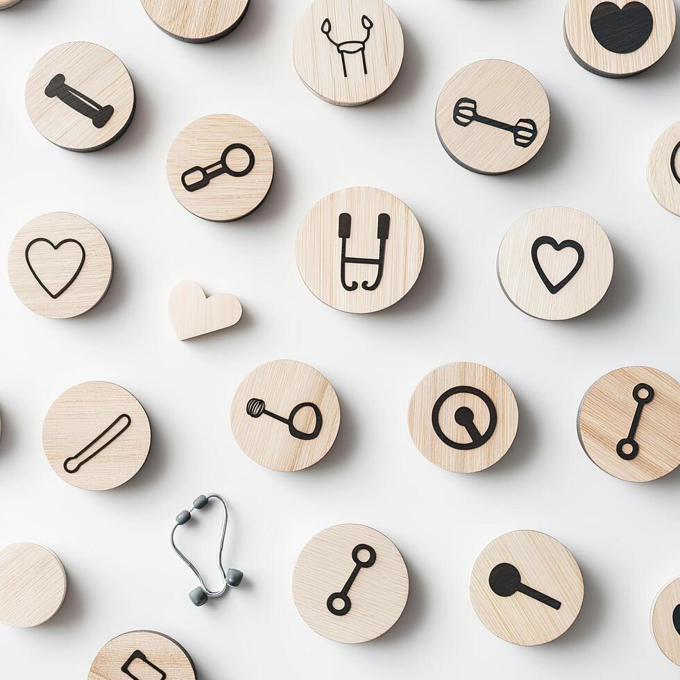 Healthcare Wellness Flat Lay with Wooden Icons Stethoscope, Exercise, Heart Health, and Holistic Wellbeing Concept photo