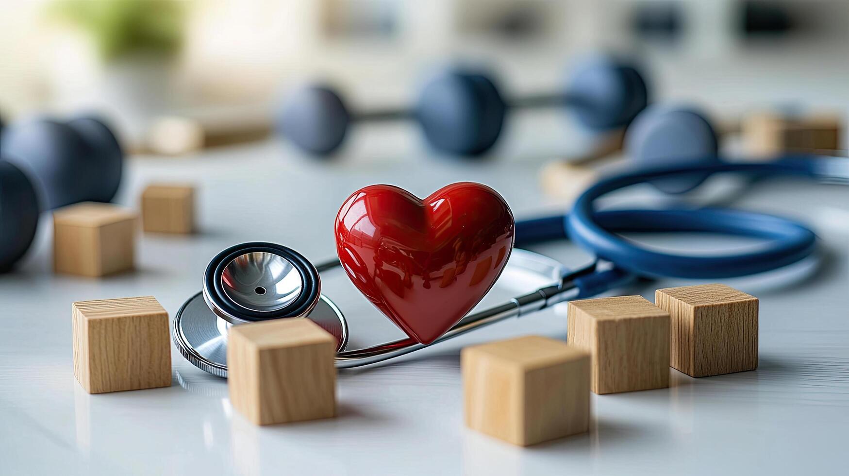 Heart Health and Wellness Concept Stethoscope, Red Heart, Wooden Blocks, and Dumbbells on White Surface photo