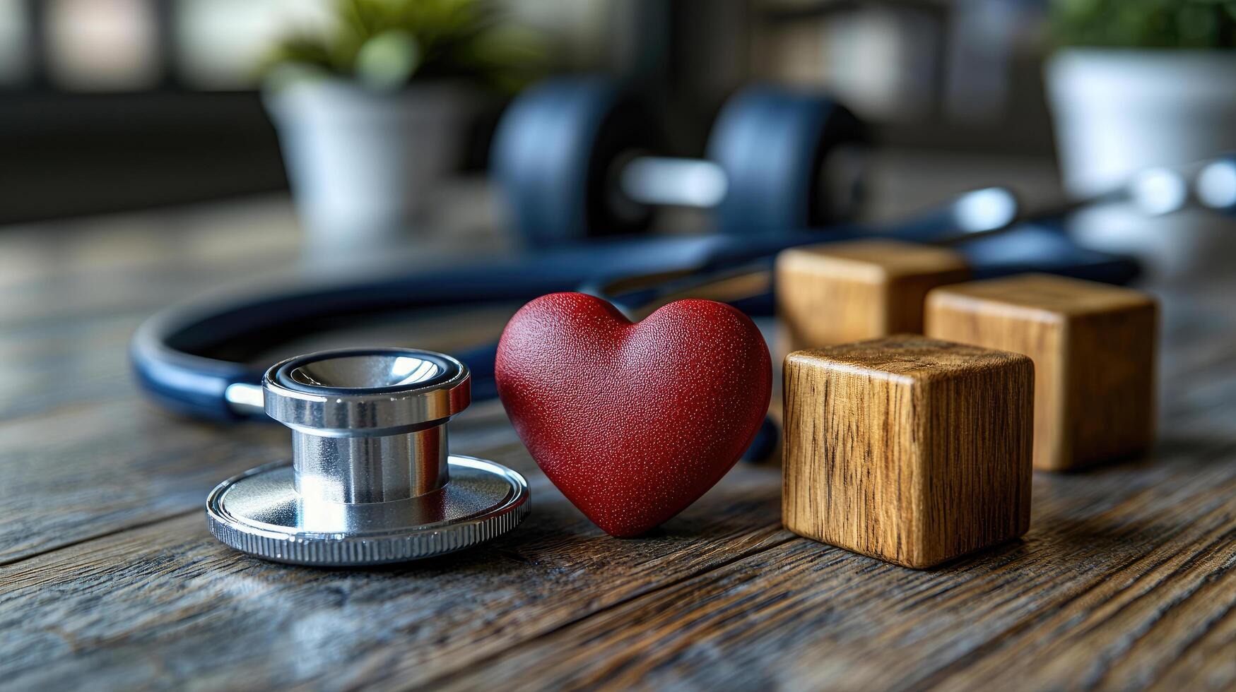 Heart Health Still Life Stethoscope, Red Heart, and Wooden Blocks on Rustic Wooden Surface photo