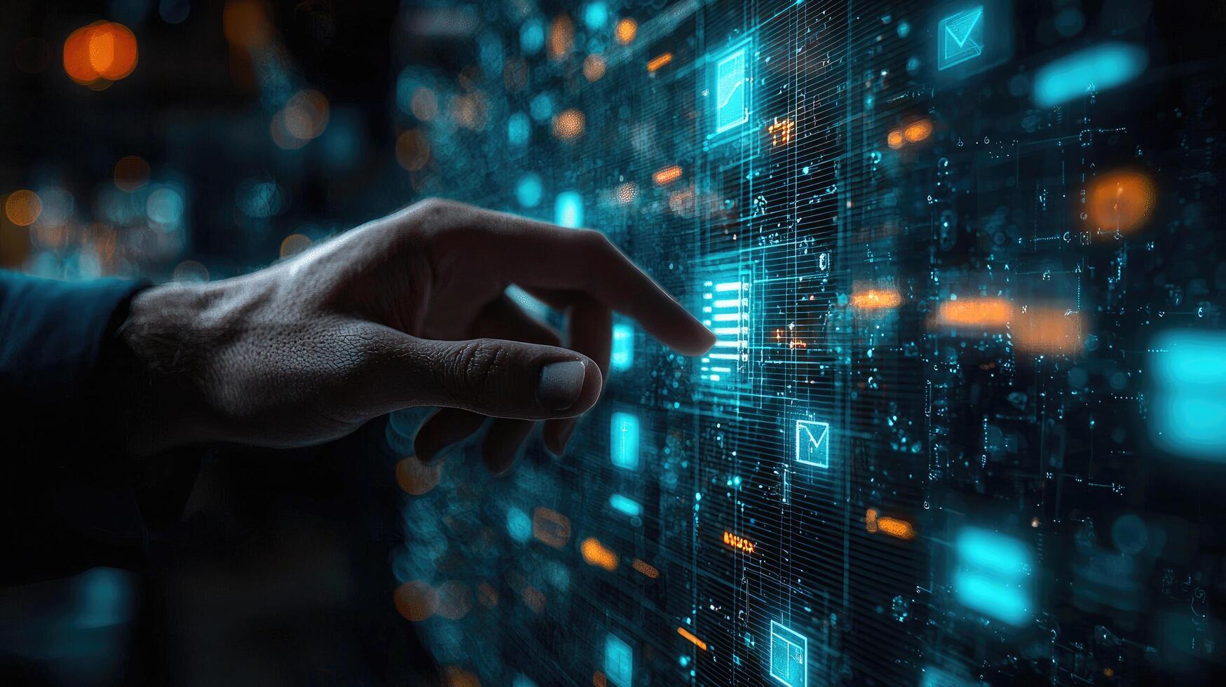 Human Finger Touching a Complex Digital Interface of Glowing Icons and Data Streams in Blue and Orange. photo