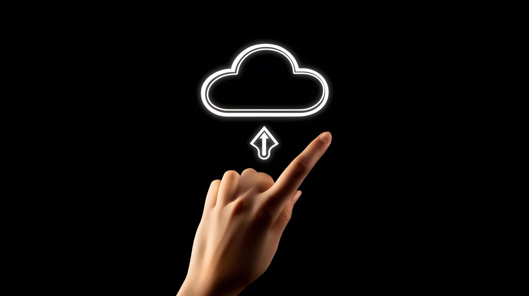 Cloud Upload Conceptualization Human Hand Interacting with Digital Cloud Storage and Upload Icon on Black Background. photo