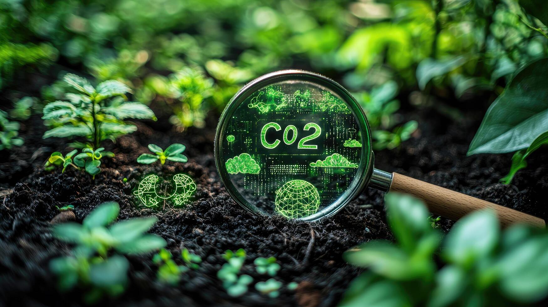 CO2 Emission Research Magnifying Glass with Digital Display Examining Plants for Carbon Analysis photo