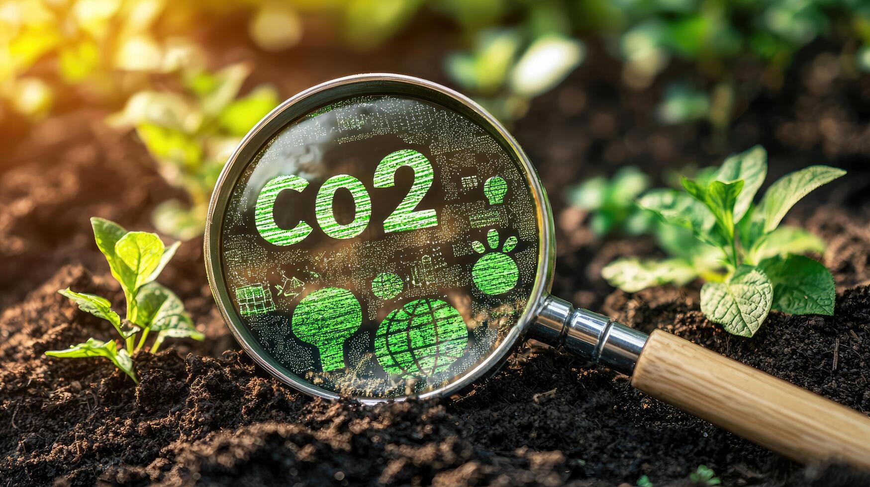 CO2 Reduction Concept with Magnifying Glass Showing Green Icons Over Sapling in Soil Environmental Sustainability photo