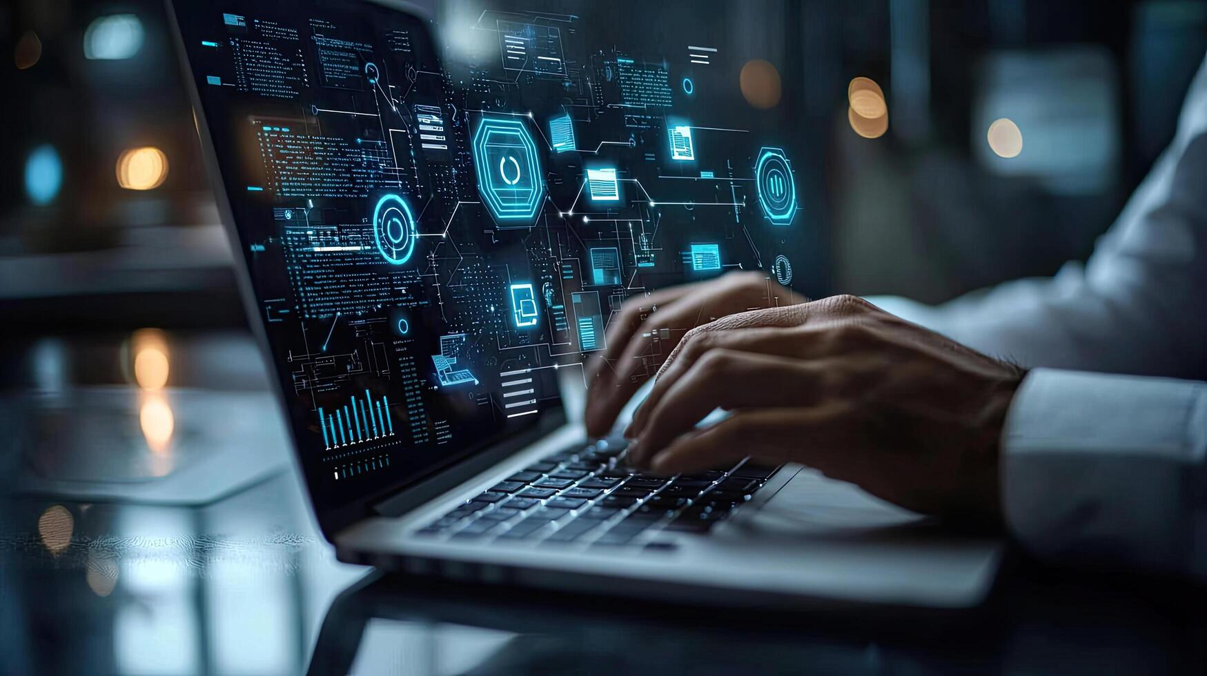 Coding Hacker Programmer Working on Laptop with Futuristic Digital Interface Overlay, Cybersecurity Concept photo