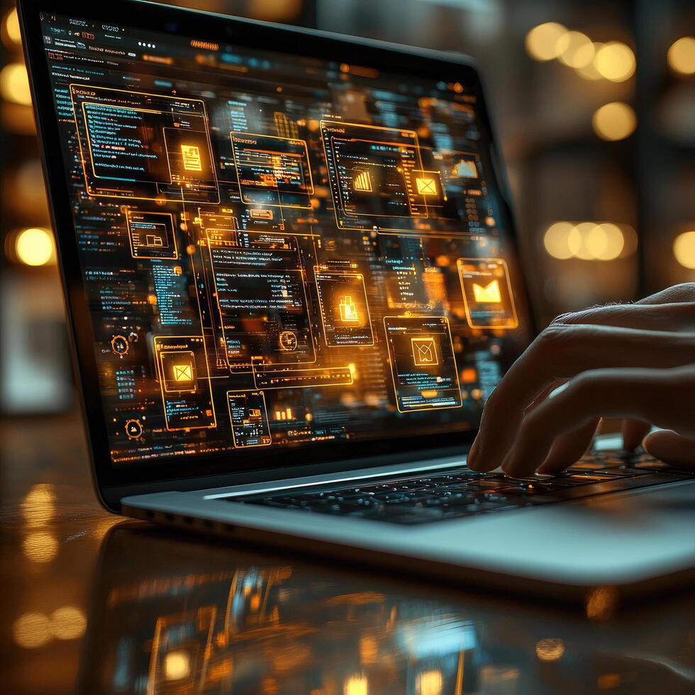 Coding on Laptop Data Science, Cybersecurity, AI, and Software Development with Advanced Technology. photo