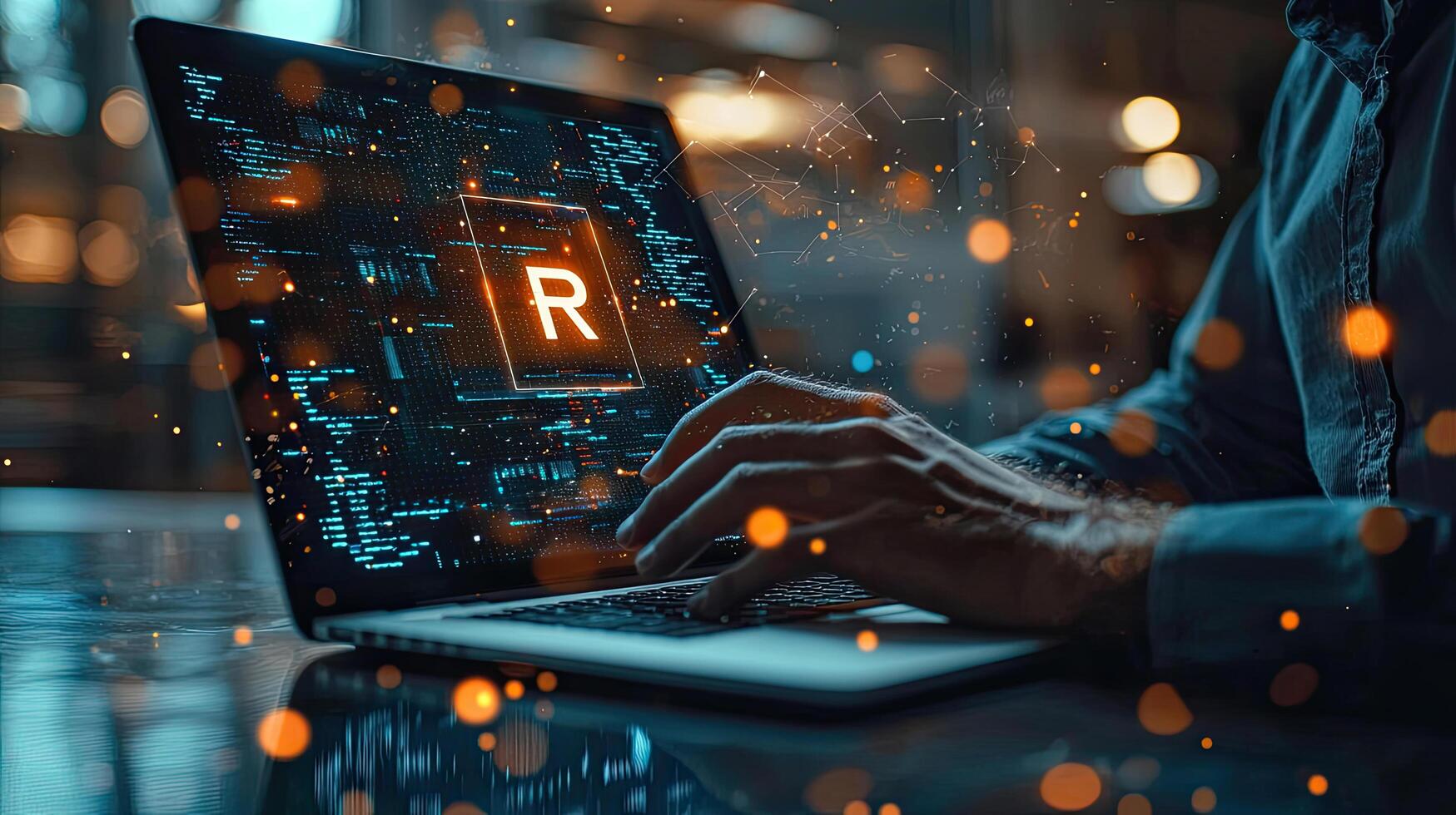 Coding on Laptop Screen Displaying Data, AI, and the Letter R in a Futuristic Style. photo