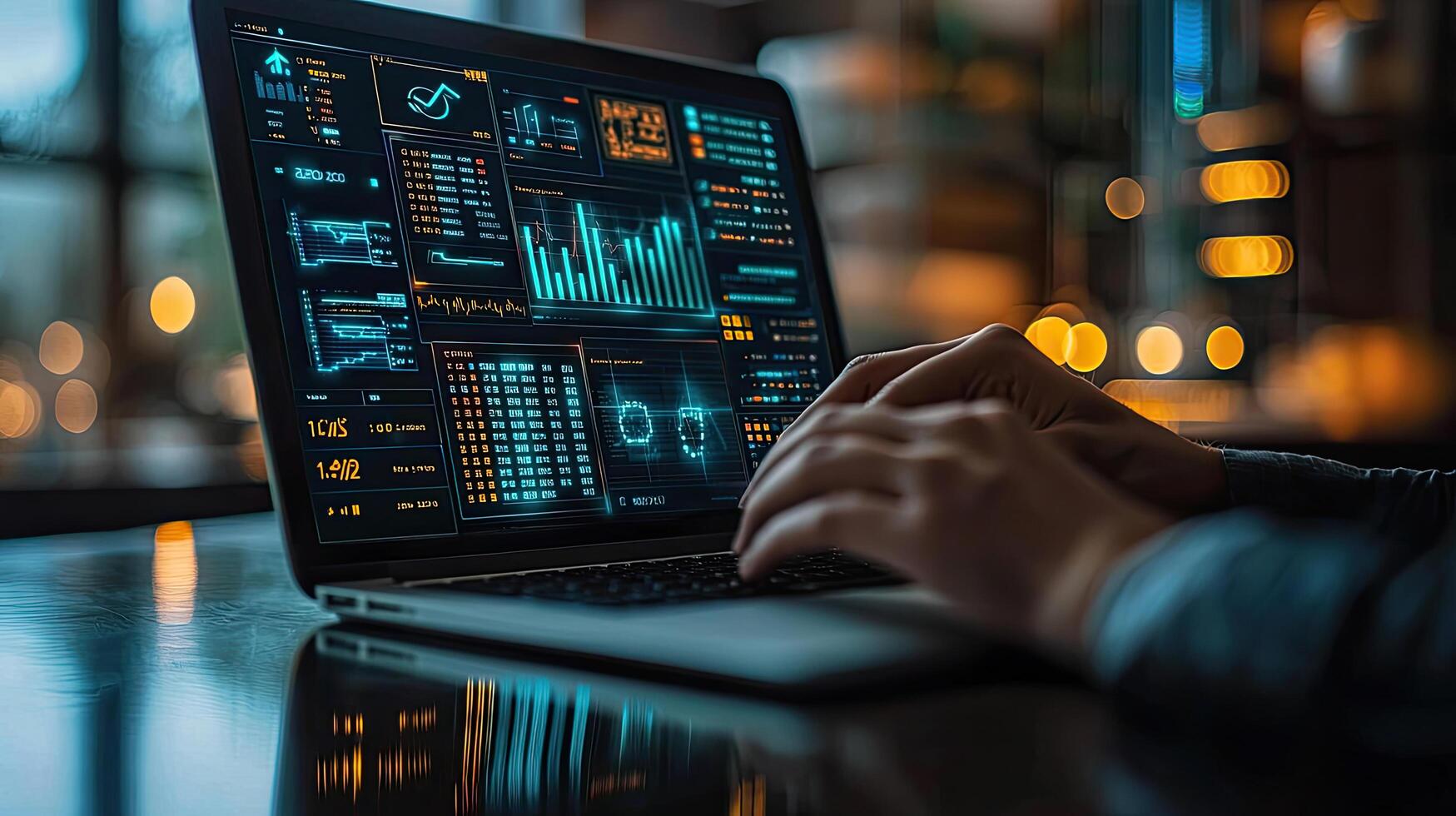 Coding on Laptop with Abstract Data Visualization Cybersecurity, AI and Big Data Concept photo