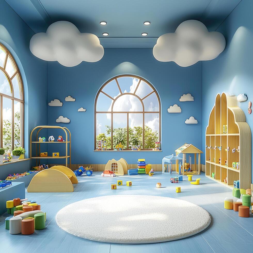 Playful Kids Room Interior with Wooden Toys, Cloud Decor, and Natural Light from Arched Windows, Creating a Cheerful photo