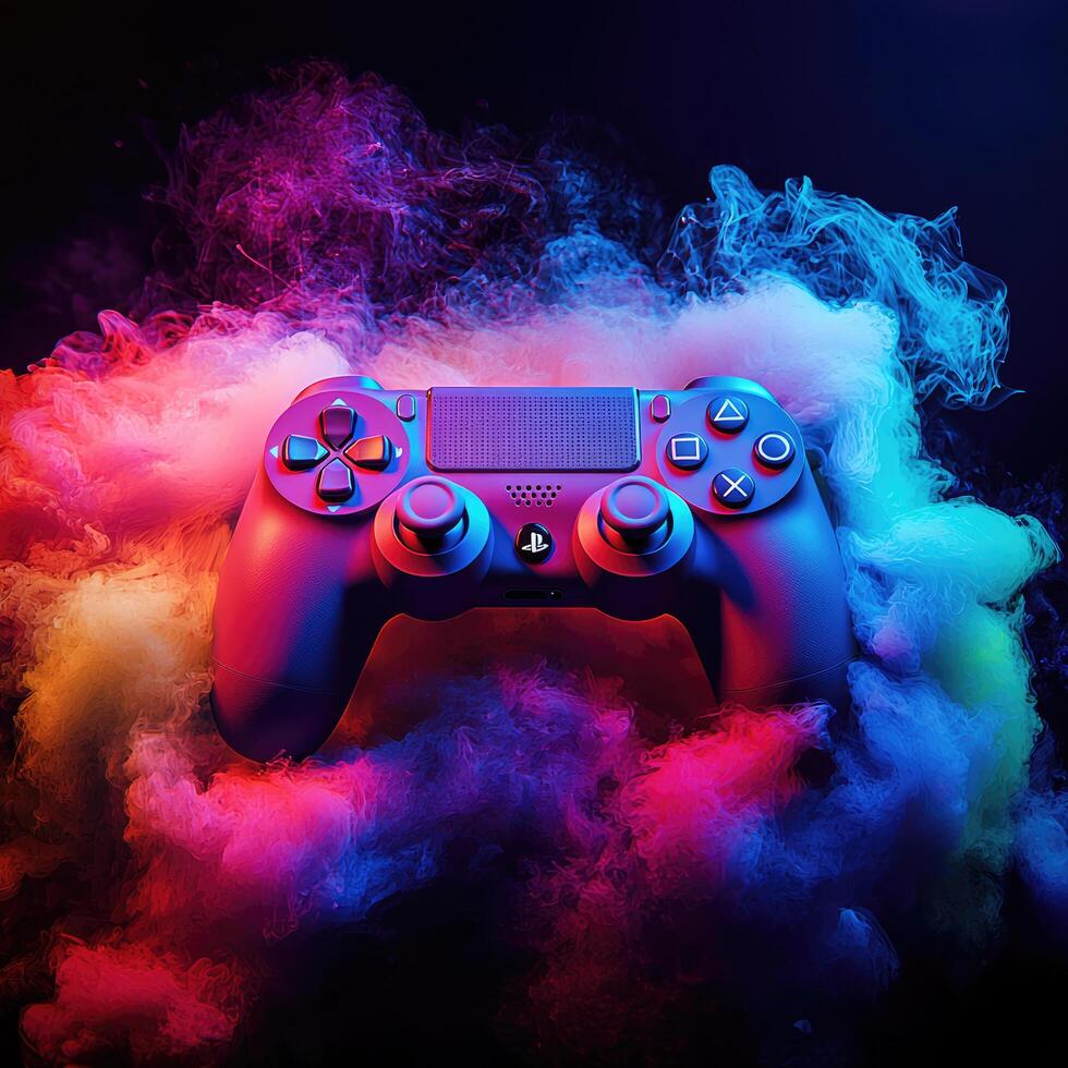 PlayStation Controller Amidst Colorful Smoke A Gaming Conceptual Background with Vibrant Neon Lights photo