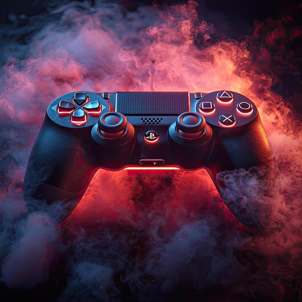 PlayStation Controller Amidst Red and Blue Smoke Gaming, Entertainment, Technology, and Modern Design Elements. photo