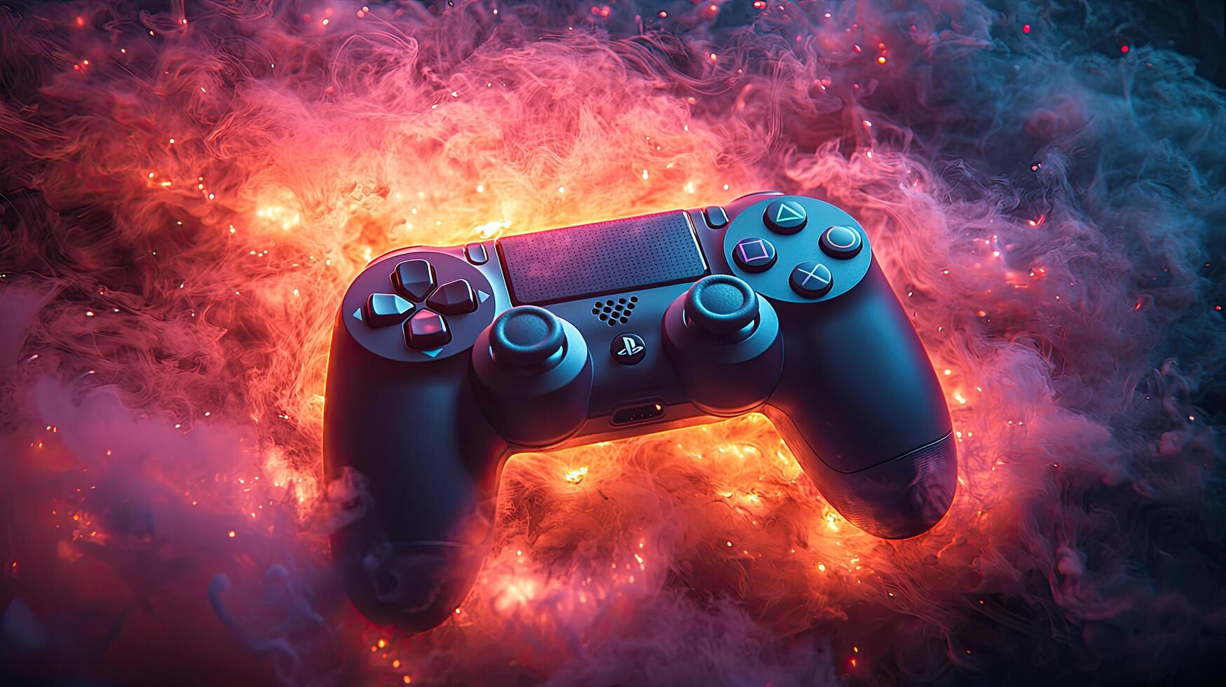 Playstation Controller in Smoke Gaming Console Accessory with Dramatic Red and Blue Lighting and Unique Design. photo