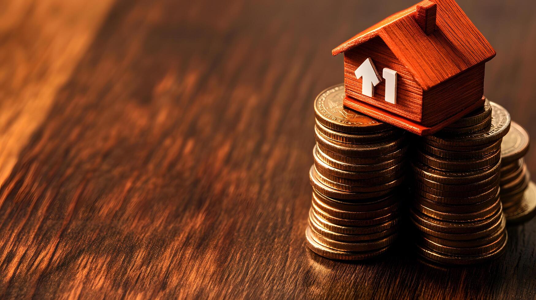 Real Estate Investment and Appreciation Wooden House on Stack of Coins with Arrow on Table. photo