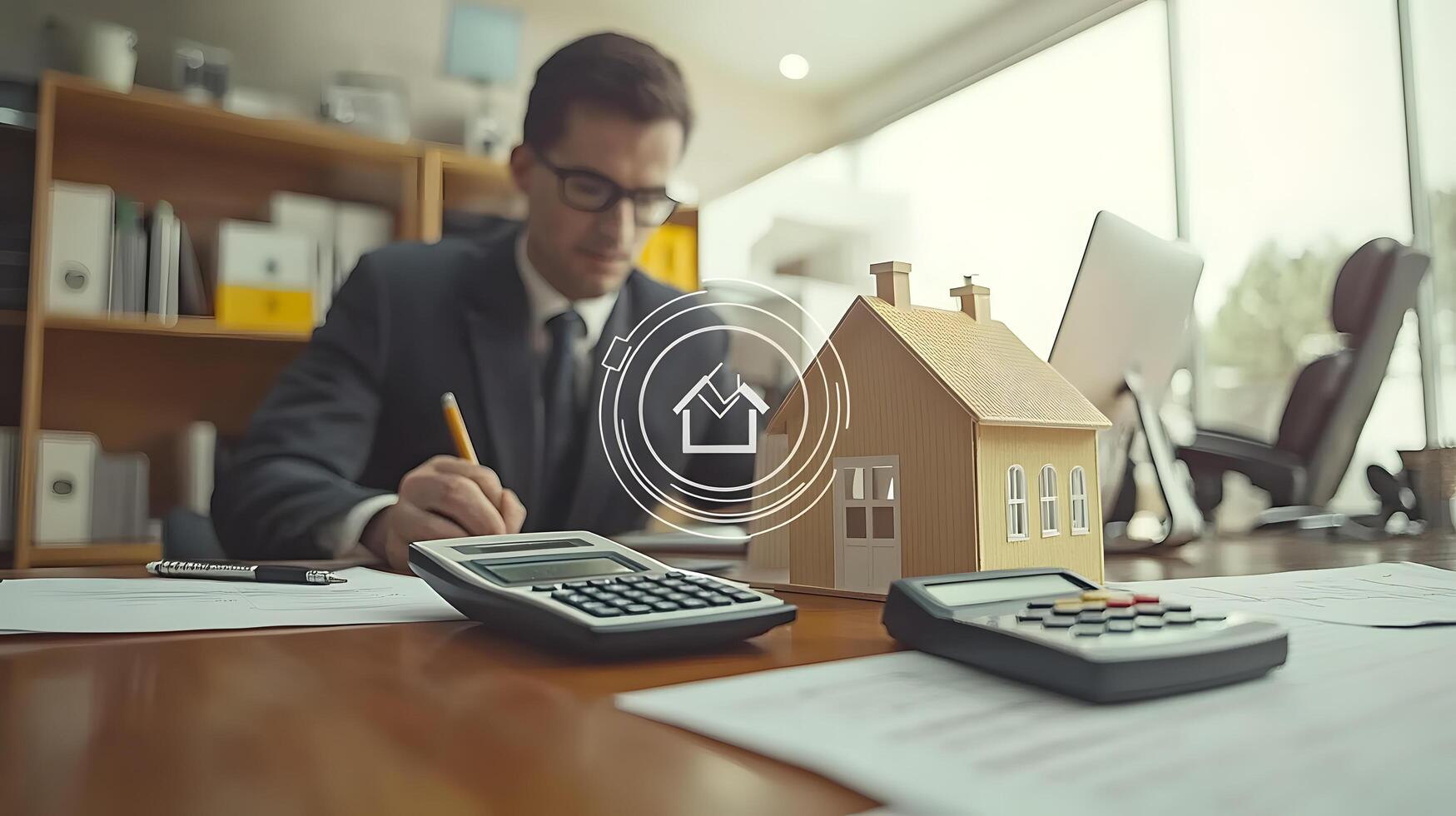 Real Estate Investment Analysis Businessman Calculates Costs with Calculator, House Model, and Documents in Modern Office Setting photo