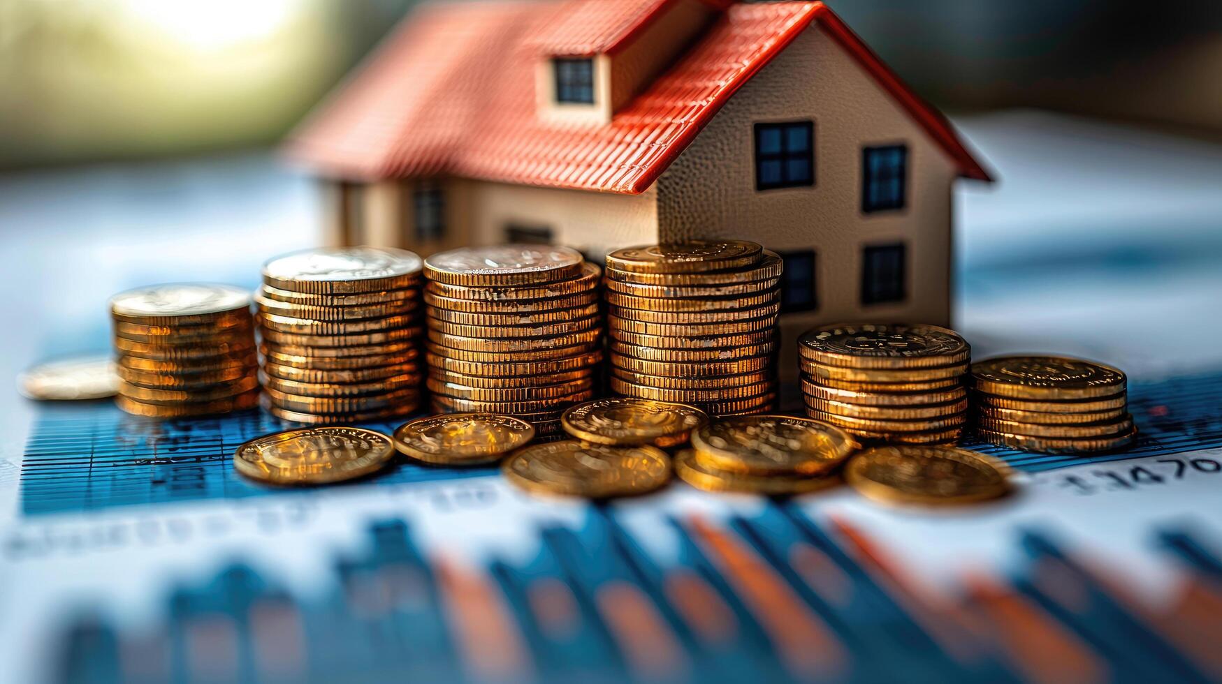 Real Estate Investment Concept House Model, Golden Coins, and Financial Chart Illustrating Property Market Growth. photo