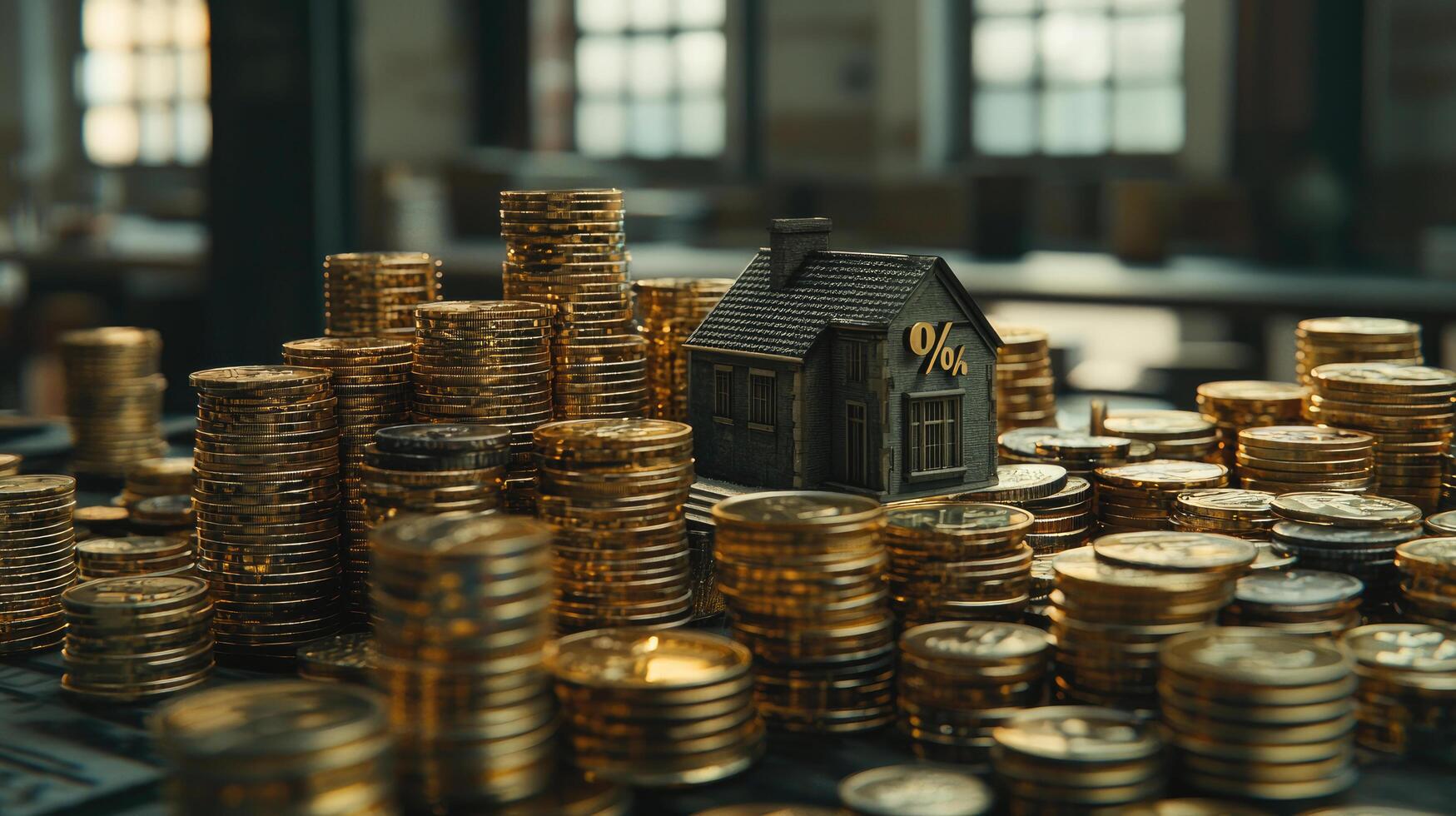 Real Estate Investment Miniature House Surrounded by Gold Coin Stacks Illustrating Home Finance and Mortgage Rates. photo