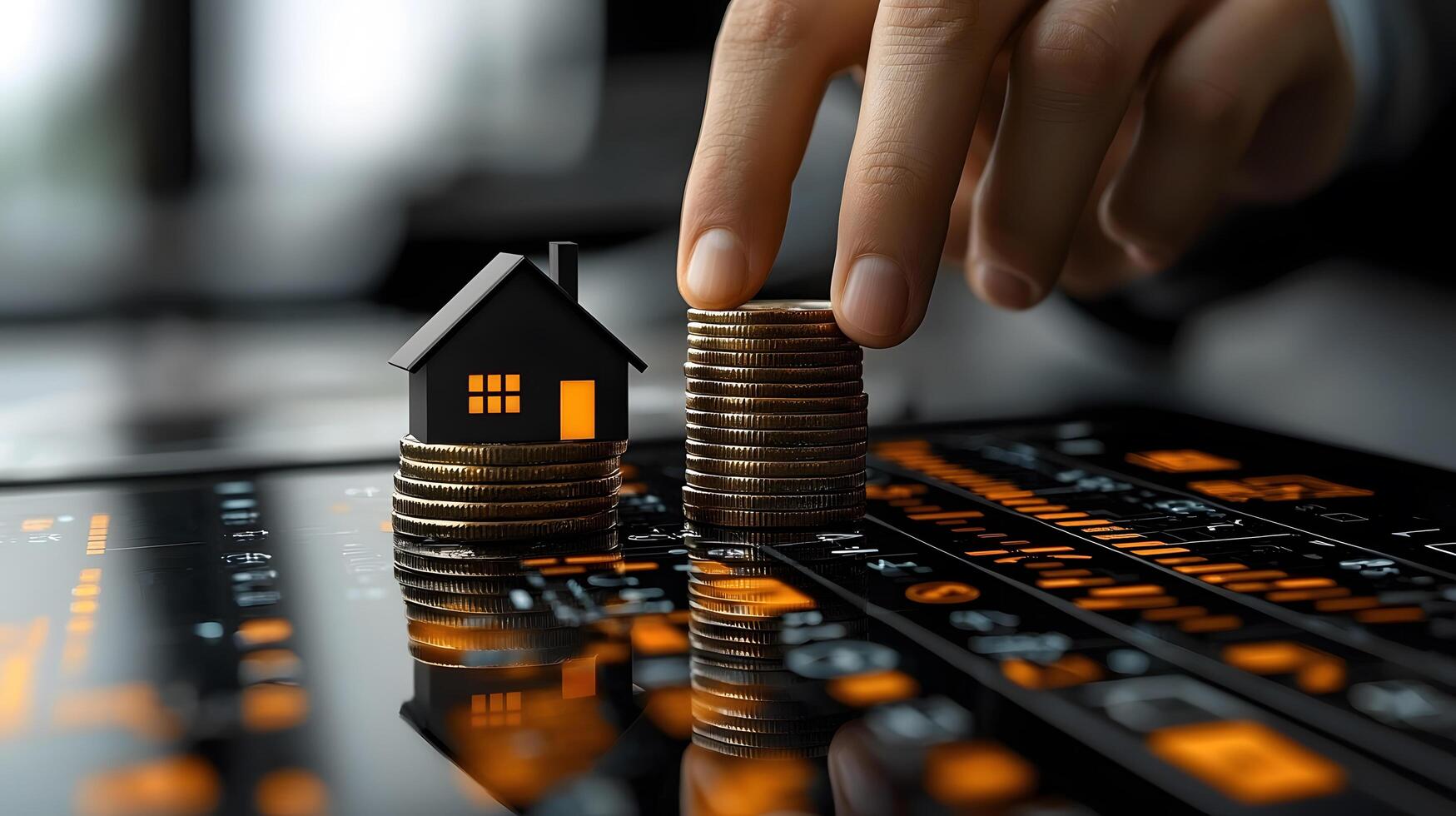 Real Estate Investment Stacking Coins for Home Ownership with Financial Data Visualization Background photo