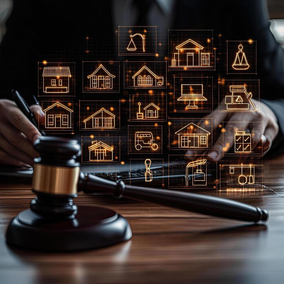 Real Estate Law , Justice Gavel and House Icons on Wooden Table for Property Litigation. photo