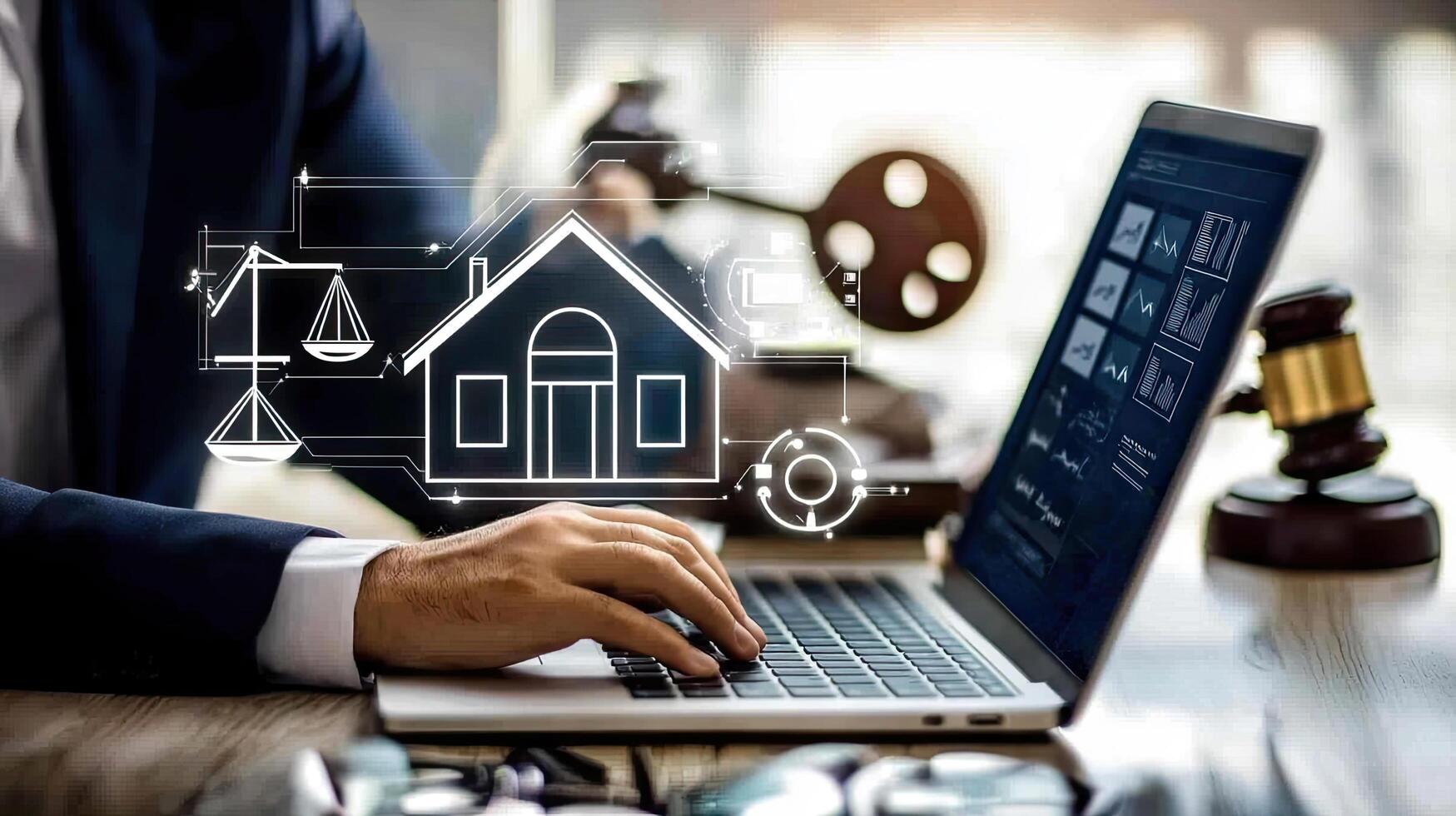 Real Estate Law and Digital Technology Lawyer Working on Laptop with House and Justice Icons photo