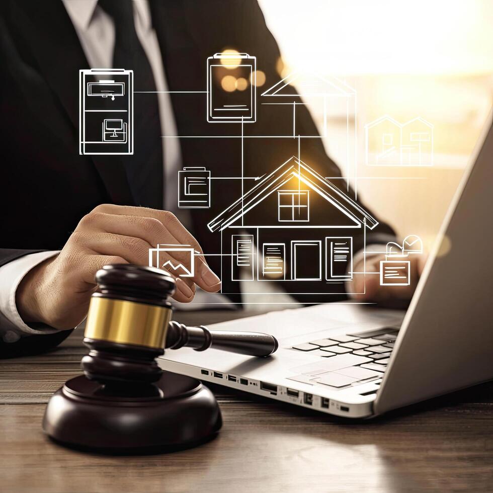 Real Estate Law Concept Judge with Gavel Reviews Property Records Online on Laptop for Legal Judgement. photo