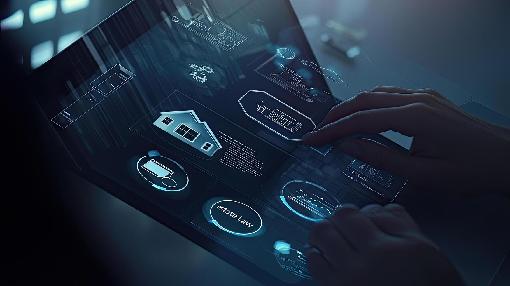 Real Estate Law on Futuristic Tablet with Hand Interaction Innovative Property Technology Interface and Data Analysis photo