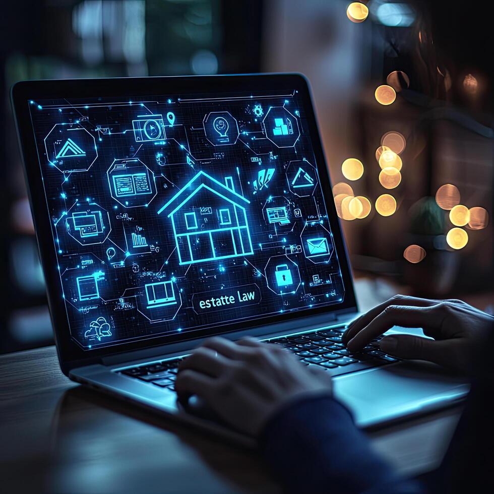 Real Estate Law Tech A Man Typing on Laptop with Digital House Interface, Smart Home Technology Integration. photo
