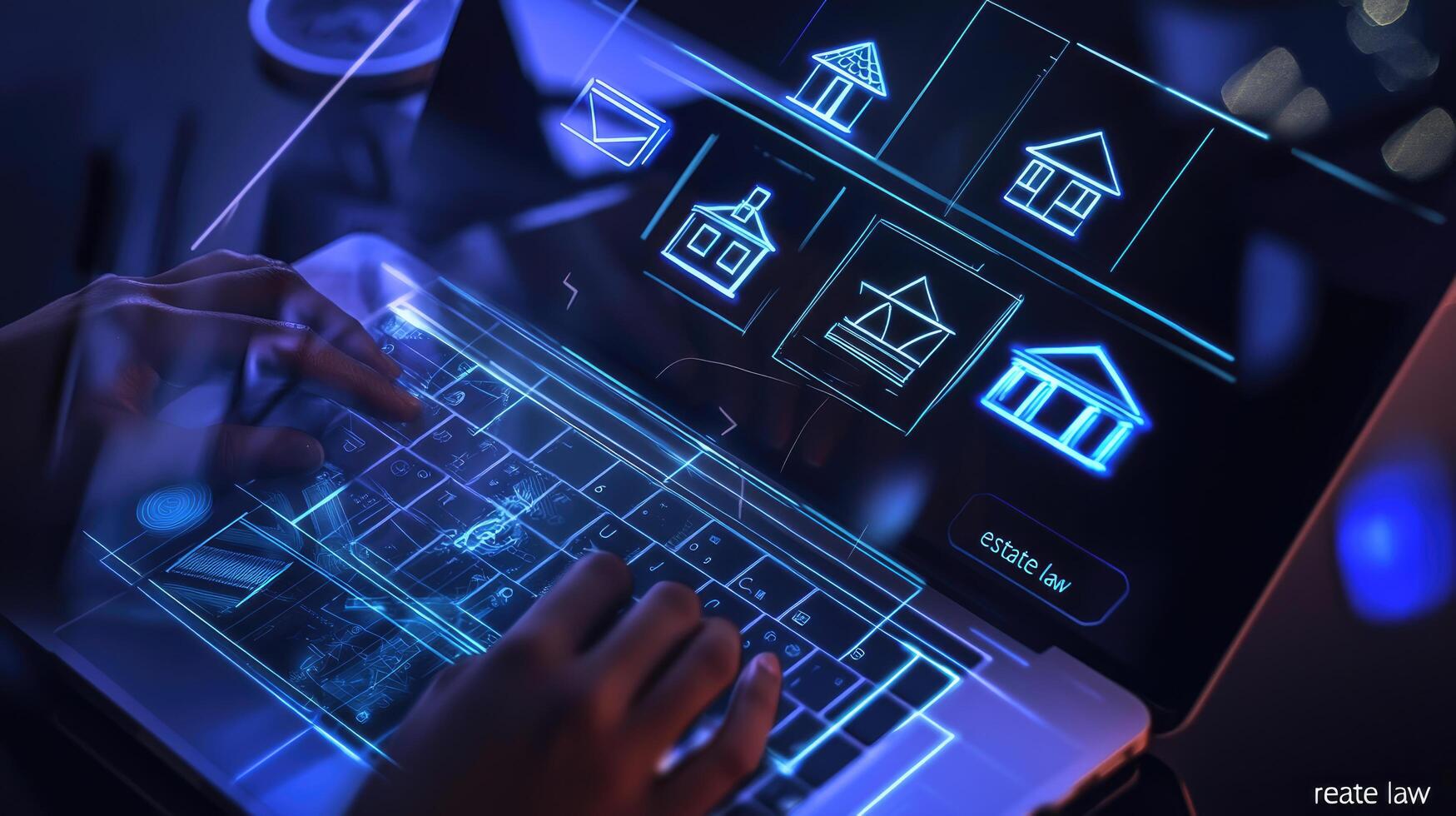 Real Estate Law Researching Online Estate Attorney Working on Laptop with House Icons and Legal Technology. photo