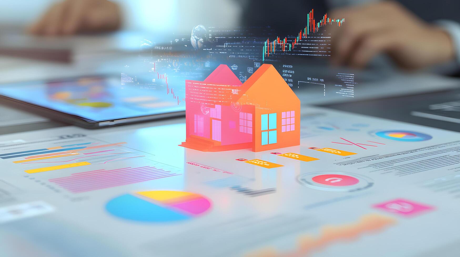 Real Estate Market Analysis House Models, Financial Charts, and Data Analysis for Property Investment Decisions photo