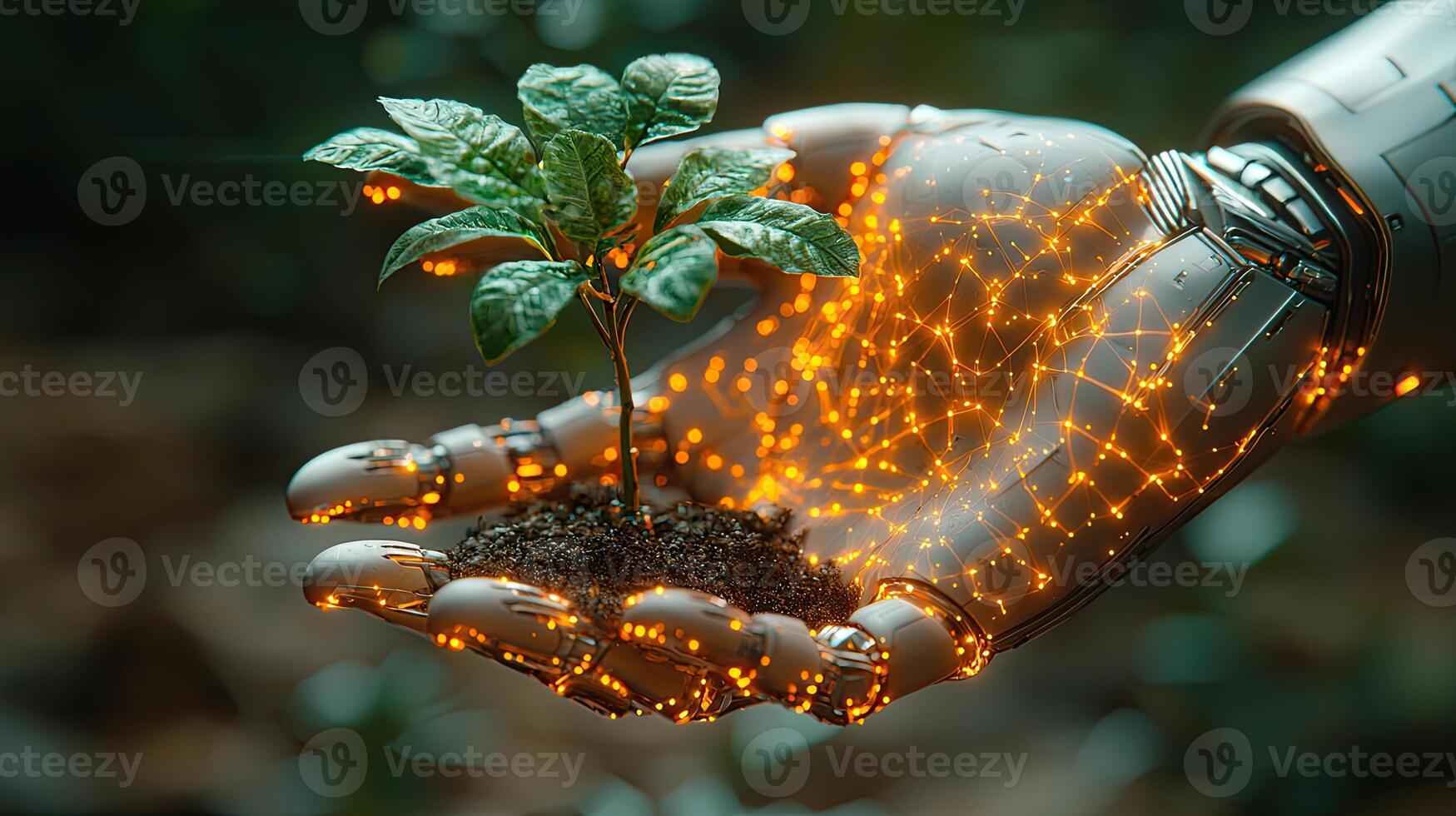 Robotic Hand Holding Sprout with Soil Symbol of Future, Technology, Nature, and Growth photo