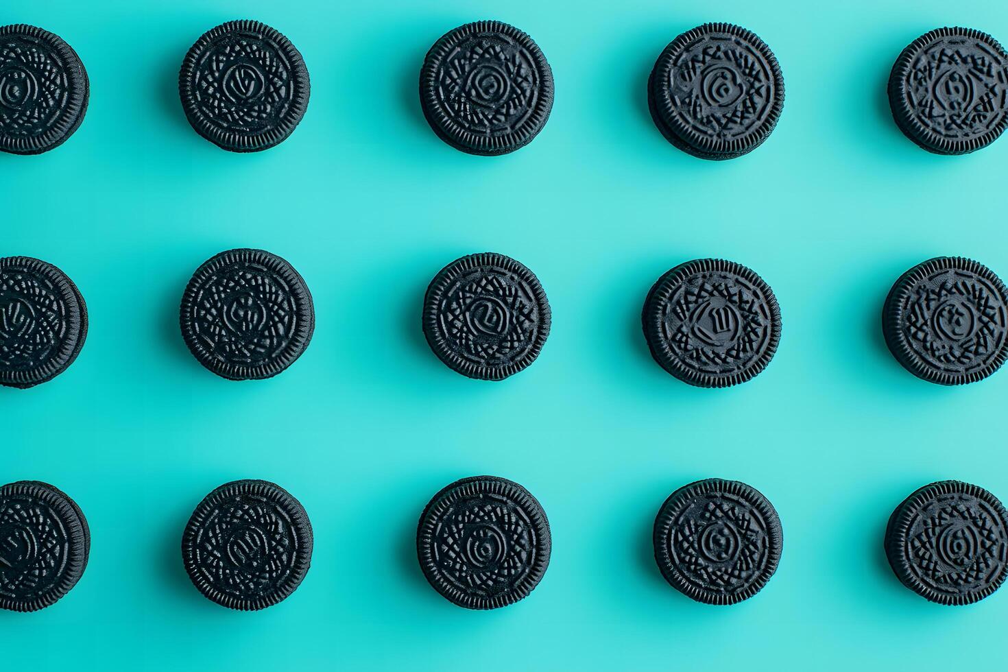 An array of black sandwich cookies is arranged neatly on a light blue surface photo