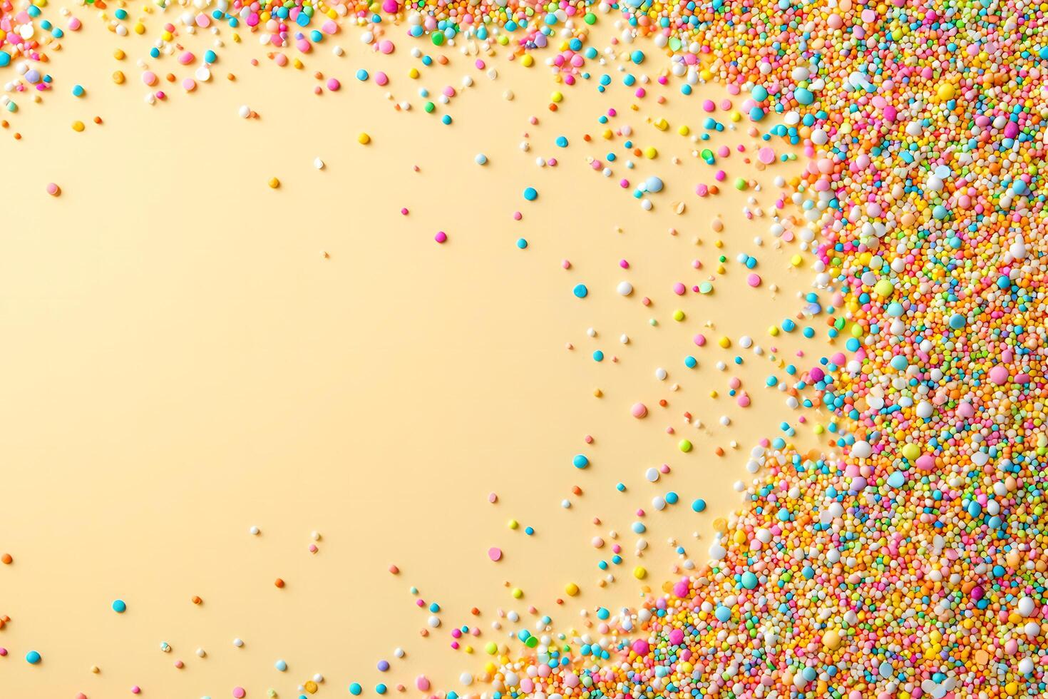 An assortment of colorful sugar sprinkles creates a vibrant border on a pastel background photo
