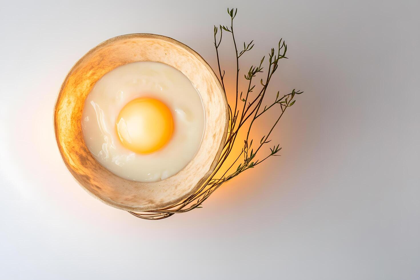 An egg yolk sits within white liquid in a wooden bowl with delicate leaves photo