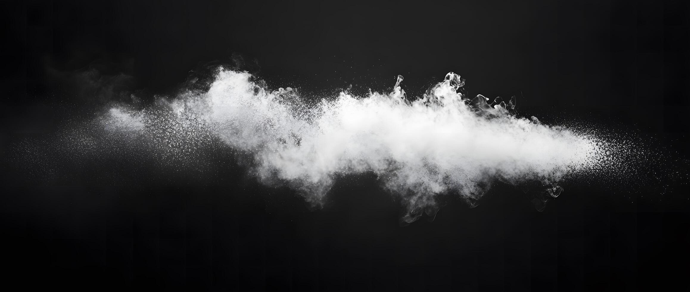 An opaque cloud of billowing white powder disperses horizontally across a pure black background photo