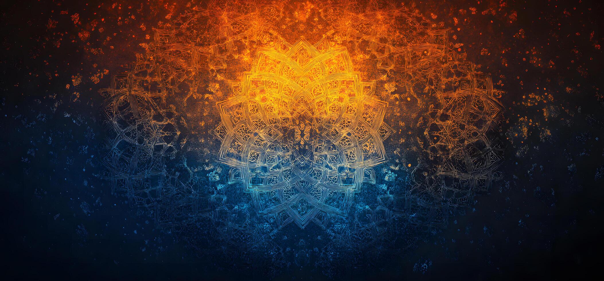 An intricate mandala artfully blends contrasting orange and blue hues with textured design elements photo