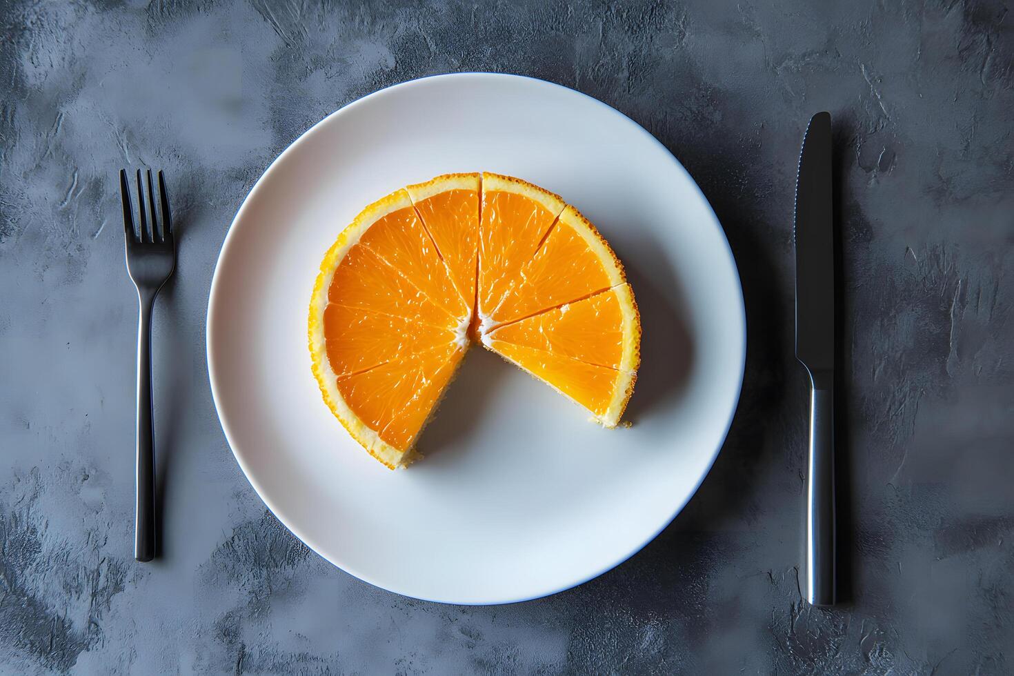 An orange cut into wedges presents a fresh fruit portion with place setting ready photo