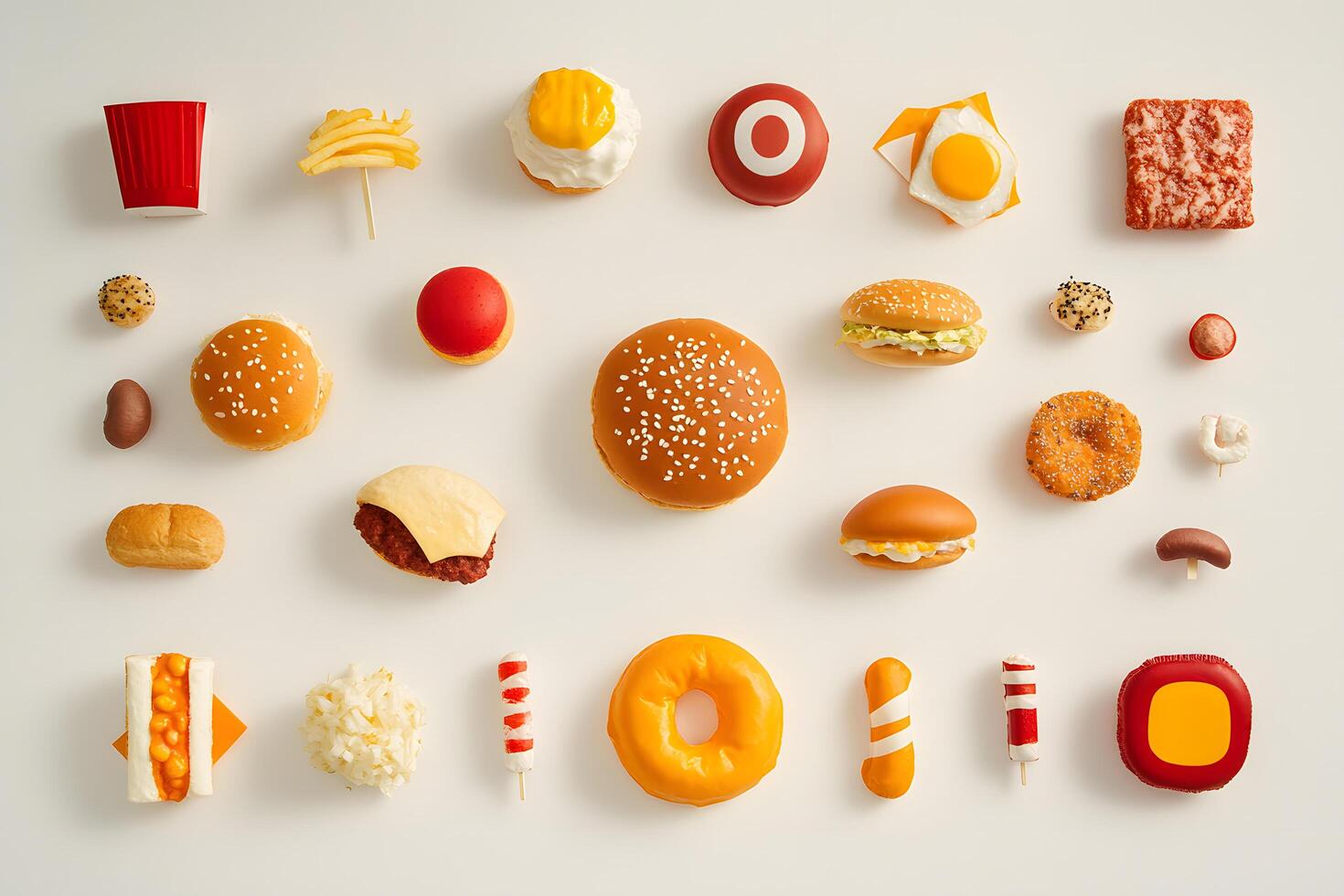 An overhead food still life shows various sweets and burgers with creative designs photo