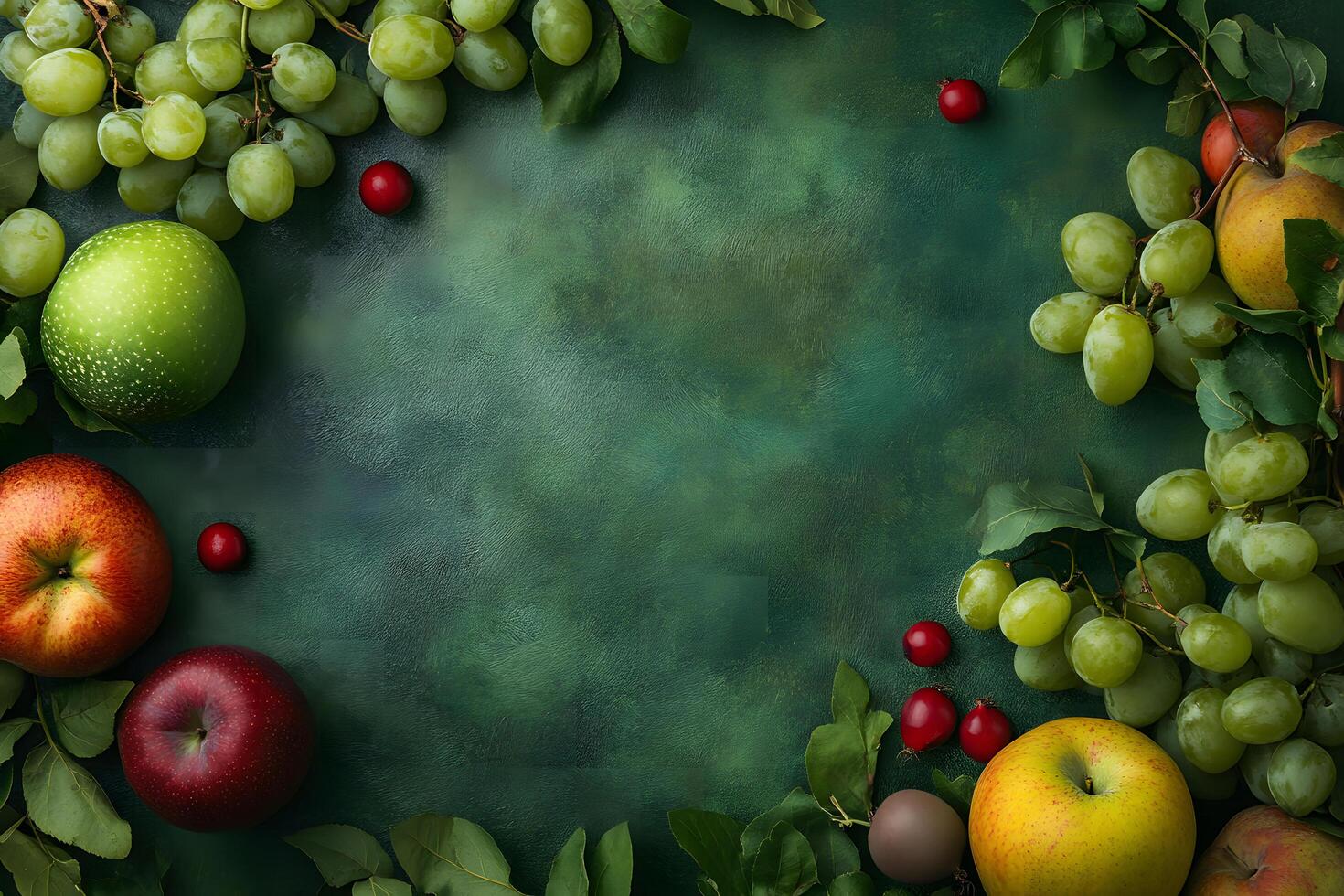 Appetizing fruit arrangement featuring grapes, apples, pears, and red berries over a green backdrop photo