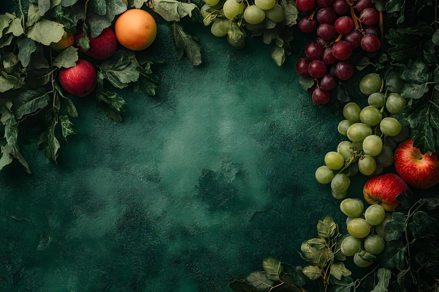 Apples, grapes and leafy branches beautifully surround a textured deep green canvas with a rustic appeal photo