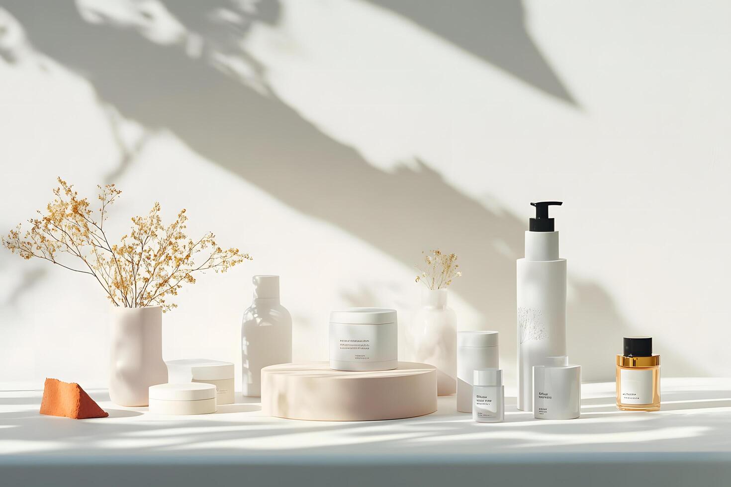 Assorted beauty product containers present a clean, modern aesthetic within a welllit studio environment now photo