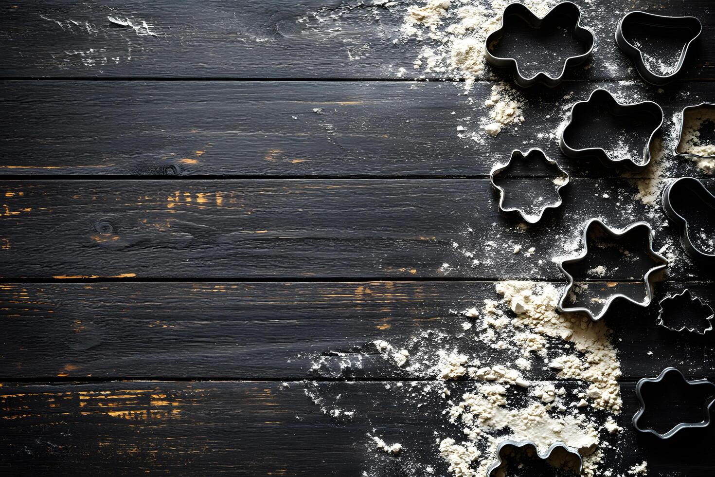 Assorted cookie cutters rest on floured dark wood surface ready for winter baking photo