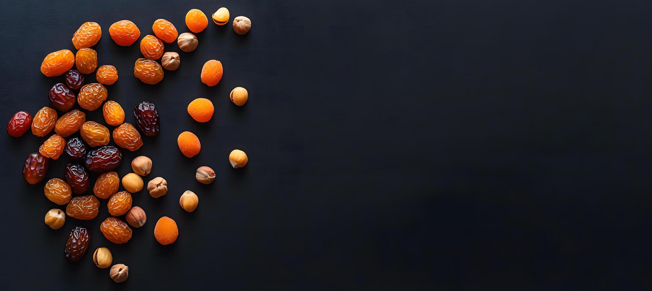 Assorted dried fruits like apricots, dates, and hazelnuts are scattered on black background photo