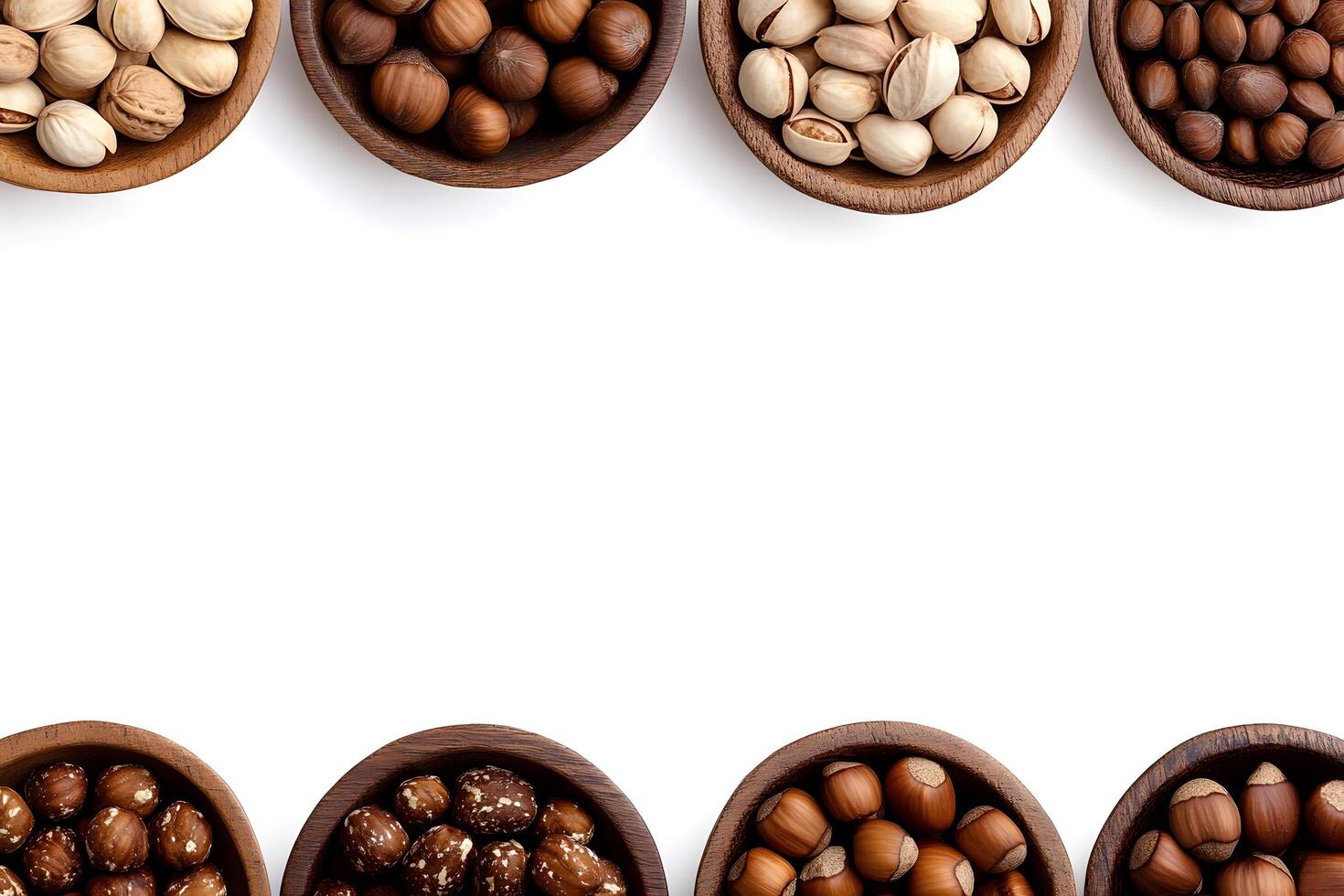 Assorted nuts are artistically arranged in wooden bowls, offering a nutritious and delicious treat photo