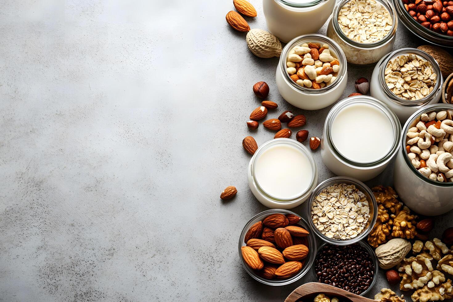 Assorted nuts, seeds, and milk sit atop a gray surface, arranged closely together photo