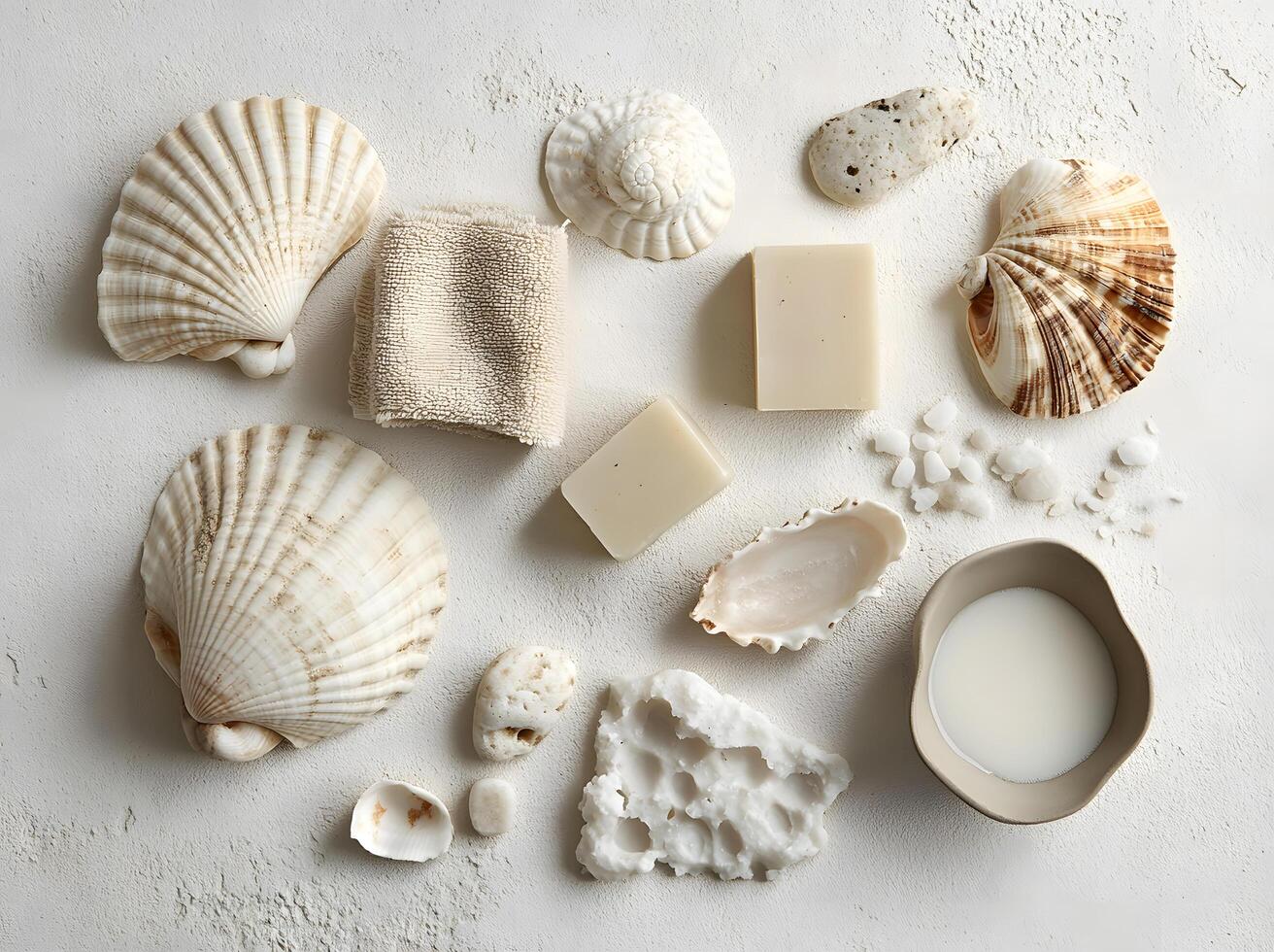 Assorted shells and bath items are beautifully displayed on a textured white background surface photo