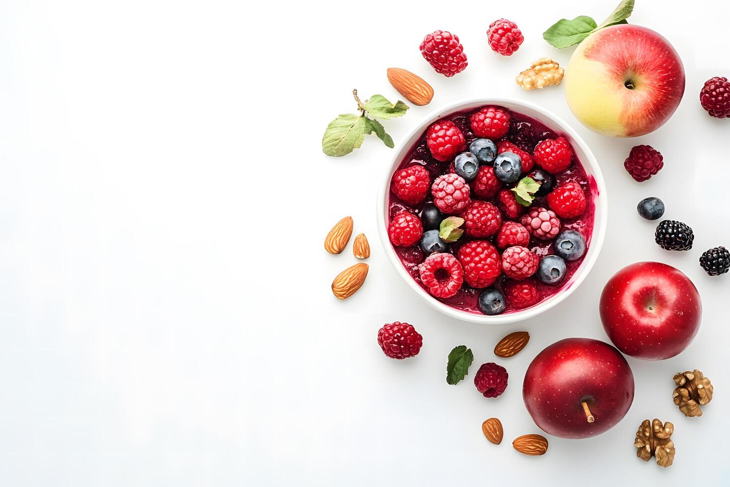 Berries, blueberries and chopped apples are arranged with almonds and walnuts in the bowl photo
