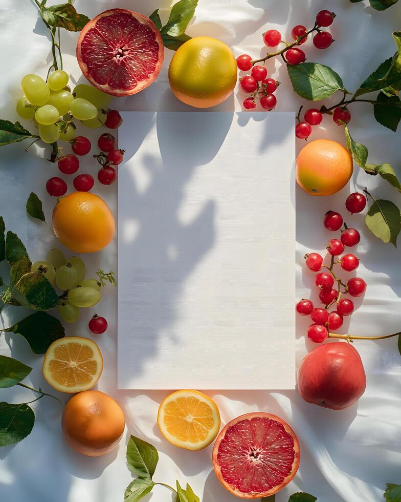 Blank white paper is surrounded by grapefruit, orange, grapes, red berries, and foliage photo