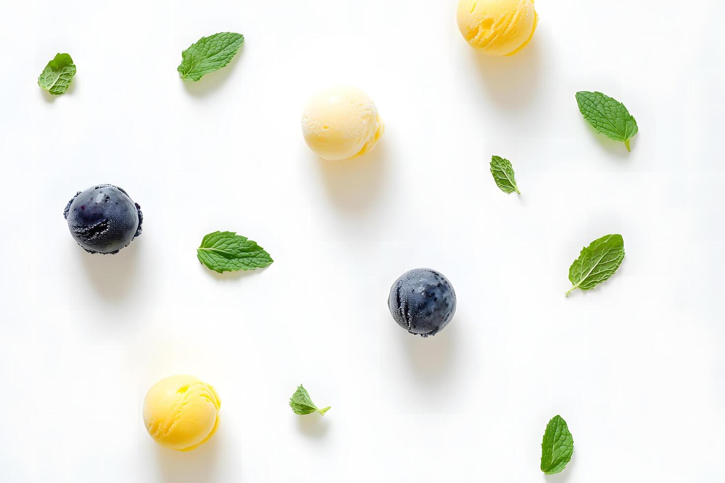 Blueberry and yellow ice cream scoops are arranged with fresh mint leaves on white photo