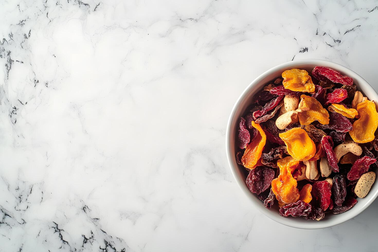 Bowl of mixed dried apricots, fruits, and nuts displayed on a marbled white surface photo